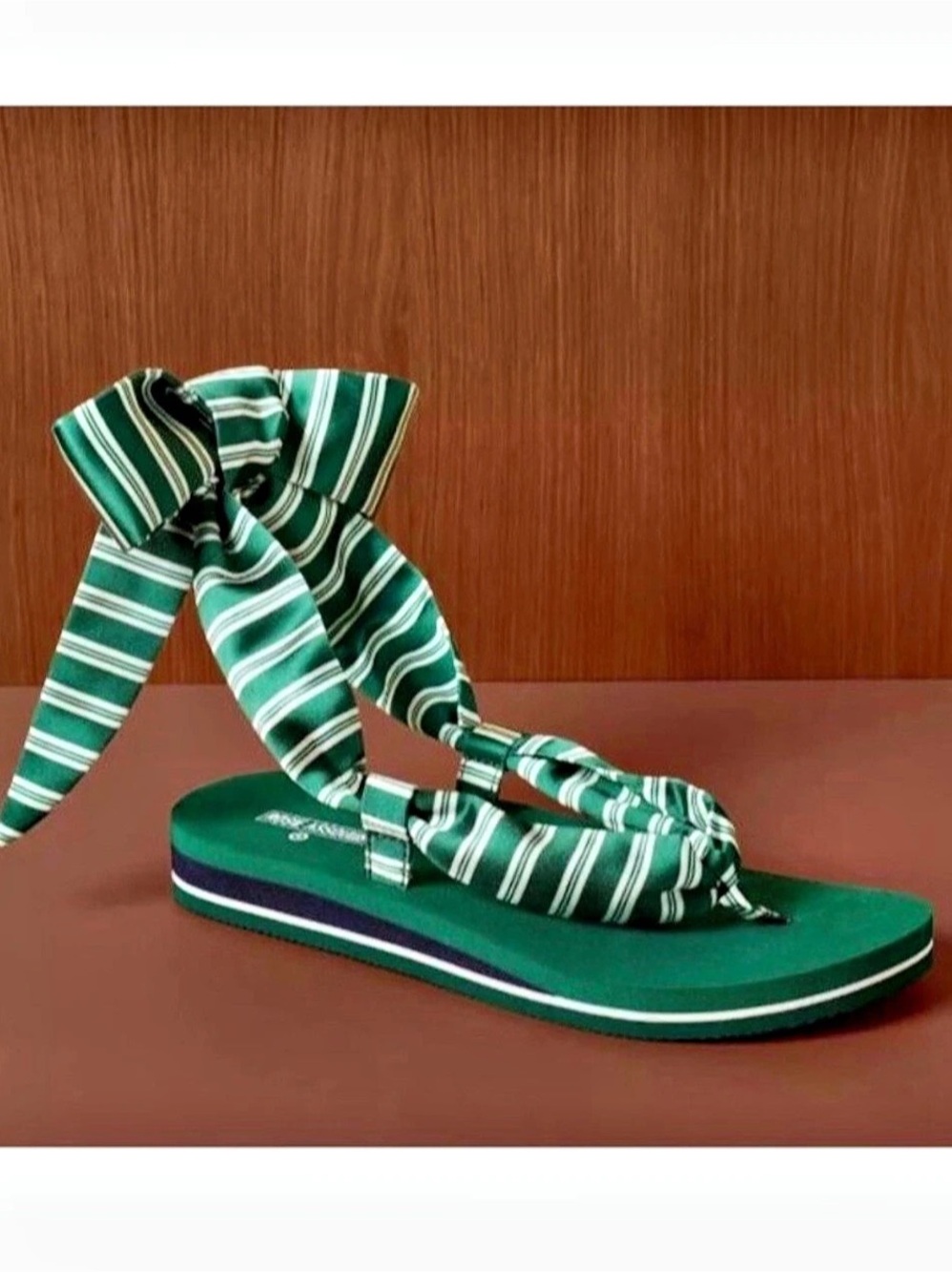 NWT Rosie Assoulin Green Striped Ribbon Wrap Sandals size 8